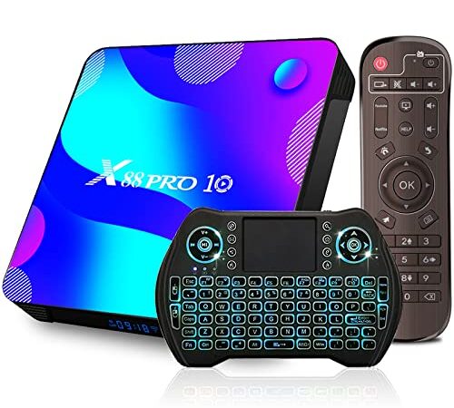 2022 Android TV Box 11.0 4GB RAM 32GB ROM, RK3318 4-Core 64bit Cortex-A53 CPU Mali-450 5-Core GPU, 4K UHD USB 3.0 Bluetooth 4.0 2.4G/5G WiFi 100M Smart TV Box with Backlit 2.4G Mini Wireless Keyboard