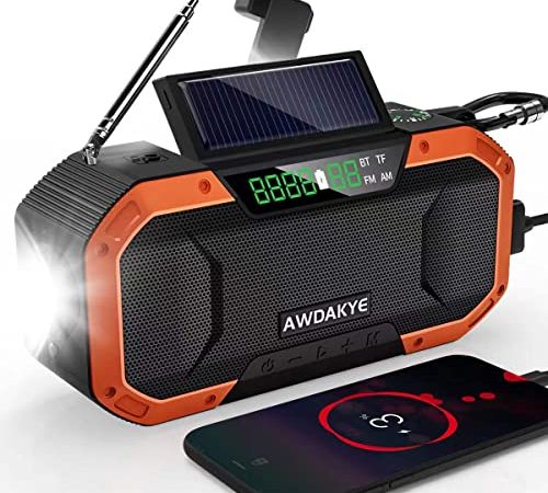 5000mAh Emergency Weather Radio with Bluetooth Speaker, Hand Crank Radio Waterproof with Solar Charging, Portable AM/FM/WB/NOAA Radio with LED Flashlight/Cell Phone Charger/SOS/Compass/TF Slot, Weather Alert Radio for Outdoor Emergencies, Camping Gadgets