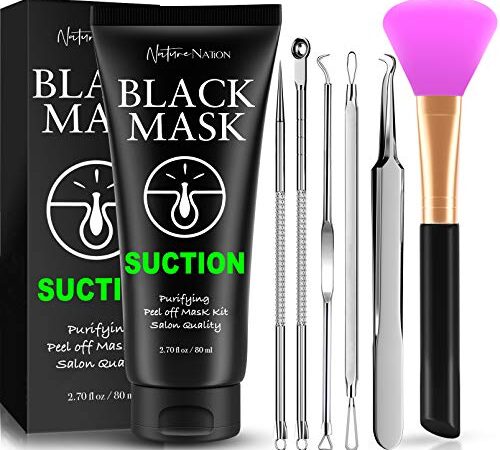 Blackhead Remover Mask Valuable 3-in-1 Kit Nature Nation Purifying Peel Off Mask, With 5 Blackhead & Pimple Comedone Extractors and Silicone Brush, Deep Cleansing Blackheads Removal Mask Kit (Classic)