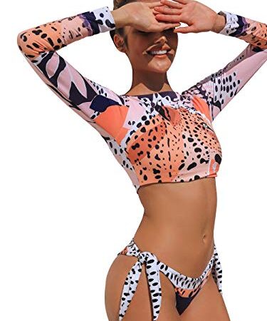 Bong Buy Womens Zip Front Long Sleeve High Neck One Piece Swimsuit Printed Rash Guard (T-022, Small)