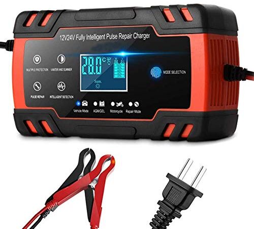 Car Battery Charger,12V/8A 24V/4A Compatible Automotive Smart Portable Battery Charger Maintainer/Pulse Repair Charger Pack for Car, Motorcycle, Lawn Mower, Boat and More