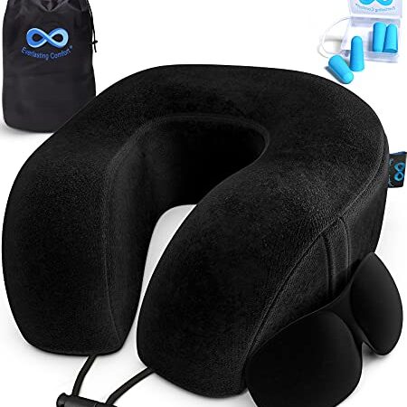 Everlasting Comfort Memory Foam Travel Pillow - Airplane Neck Rest & Plane Accessories (Black)