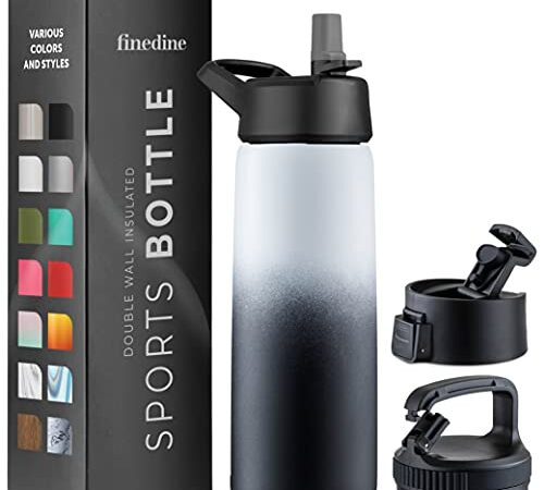 FineDine Water Bottle - Stainless Steel Insulated Water Bottle with Straw Lid, Flip Lid & Wide-Mouth Cap - Keeps Hot and Cold - 25 Oz / 739ml - Dreamy Black-White