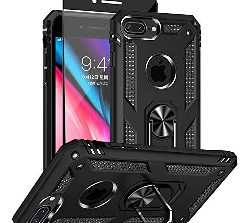 for iPhone 8 Plus Case, iPhone 7 Plus Case with HD Screen Protector, [Military Grade 16ft. Drop Tested] Ring Shockproof Protective Phone Case for iPhone 8 Plus/7 Plus (Black)