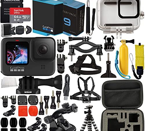 GoPro HERO9 (Hero 9) Action Camera (Black) with Premium Accessory Bundle – Includes: SanDisk Ultra 64GB microSD Memory Card, Spare Battery, Underwater Housing, Carrying Case, & Much More