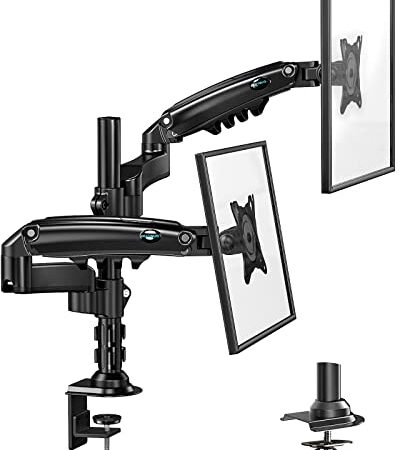 HUANUO Dual Monitor Stand - Height Adjustable Gas Spring Double Arm Monitor Mount Desk Stand Fit Two 17 to 32 inch Screens with Clamp, Grommet Mounting Base, Each Arm Hold up to 19.8lbs