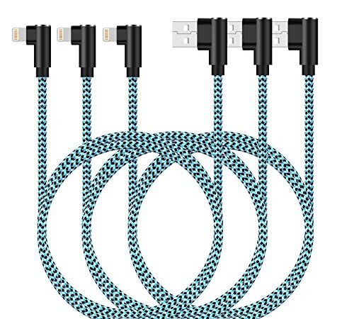 iPhone Charger Cord 10 FT 3 Pack Lightning Cable 90 Degree Nylon Braided Gaming Charging Cord Compatible with iPhone 13 12 11 Pro XS MAX XR X 8 7 6S Plus SE iPad (10 FT, Black Blue)