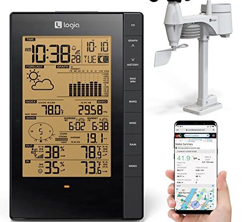 Logia 5-in-1 Indoor/Outdoor Weather Station Remote Monitoring System w/PC Connect | Temperature, Humidity, Wind Speed/Direction, Rain & More | Wireless Backlit LCD Screen Forecast Data, Alarm, Alerts