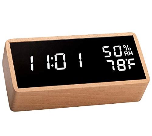 meross Digital Alarm Clock for Bedrooms, Real Wood, LED Display Desk Clock, Time Temperature Humidity, 3 Sets of Alarms, Adjustable Brightness, Sound Control Function (Beech)