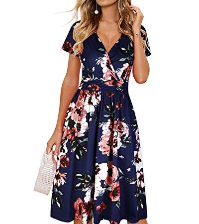 OUGES Women's Summer Short Sleeve V-Neck Floral Short Party Dress with Pockets (Floral02,XL)