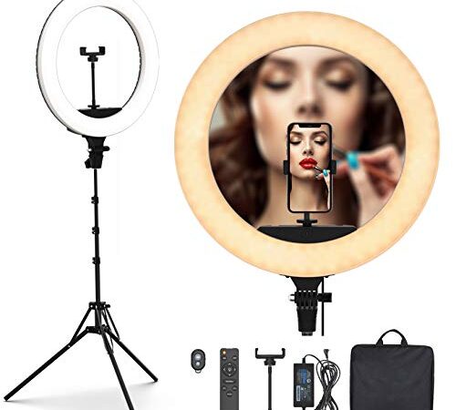 PoplarTrees Ring Light 18'' with Tripod Stand 65W, 3 Light Mode Remote Control 3200-5500K Dimmable CRI 95, Makeup Photography LED Ring Light for YouTube TikTok Video Shooting Including Carrying Bag