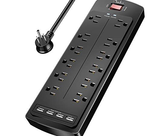 Power Strip , Nuetsa Surge Protector with 12 Outlets and 4 USB Ports, 6 Feet Flat Plug Extension Cord (1875W/15A) for for Home, Office, Dorm Essentials, 2700 Joules, ETL Listed (Black)