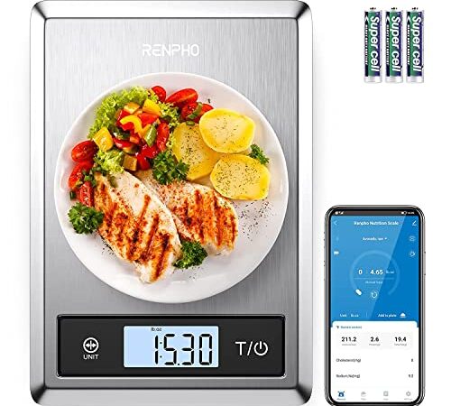 RENPHO Digital Food Scale, Kitchen Scale Weight Grams and oz for Baking, Cooking and Coffee with Nutritional Calculator for Keto, Macro, Calorie and Weight Loss with Smartphone App, Stainless Steel