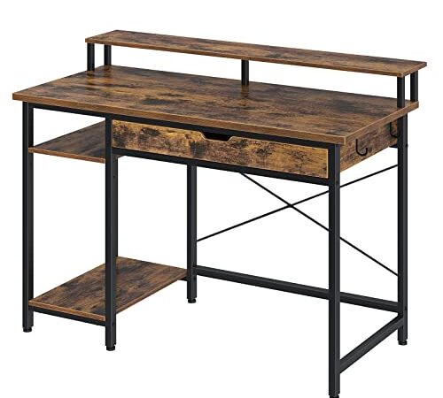 Rolanstar Computer Desk with Monitor Stand and Drawer, 39" Home Office Writing Desk, Study Table Workstation, Stable Metal Frame, Rustic Brown