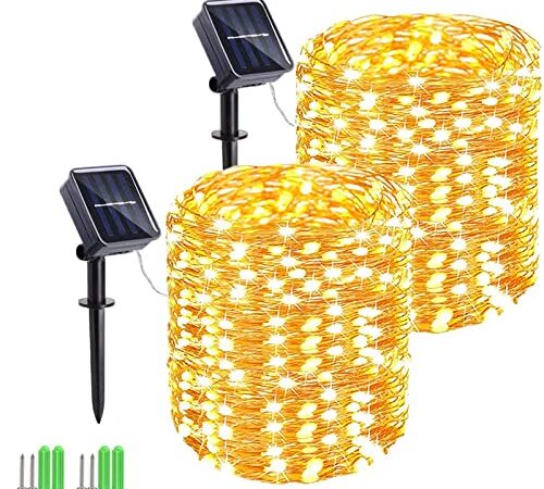 Solar String Lights, 2 Packs 49Ft 150 LED Solar Fairy Lights, 8 Modes Waterproof Outdoor String Lights, Copper Wire Solar Powered String Lights for Patio, Garden, Tree, Home, Trees Decor (Warm White)