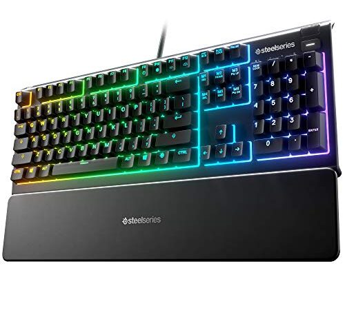 SteelSeries Apex 3 RGB Gaming Keyboard – 10-Zone RGB Illumination – IP32 Water Resistant – Premium Magnetic Wrist Rest (Whisper Quiet Gaming Switch)