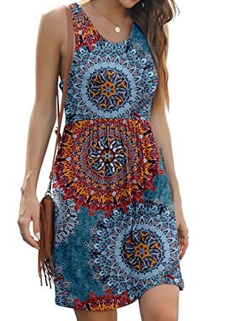 YUNDAI Women's Sleeveless Loose Floral Dresses Casual Short Dress with Pockets M Mix Blue