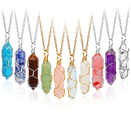 10 Pieces Hexagonal Crystal Necklace,Natural Stones Quartz Healing Crystal Necklace Pendant Full Wire Wrap Gemstone,Valentine's Day Gift Necklace for Women Girls,1.26x0.31 inches