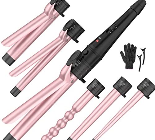 6-IN-1 Curling Iron, Professional Curling Wand Set, Instant Heat Up Hair Curler with 6 Interchangeable Ceramic Barrels (0.35'' to 1.25'') and 2 Temperature Adjustments, Heat Protective Glove & 2 Clips