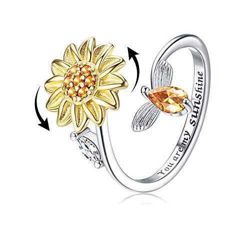 Diamday Sterling Silver Fidget Anxiety Ring for Women Sunflower Spinner Ring Open Adjustable Fidget Rings for Anxiety Relieving Stress CZ Flower Moon Star Stackable Rings Fidget Jewelry Women Girl