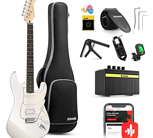 Donner Electric Guitar, DST-152W 39" Electric Guitar Starter Kit HSS Pickup Coil Split, with Amp, Bag, Accessories, Polar White