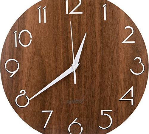 Nicunom 12 Inch Arabic Numeral Design Wooden Wall Clock, Round Rustic Country Style Wall Clocks, Silent Non-Ticking, Battery Operated, Vintage Home Decor for Kitchen/Living Room/Bedroom/Office, Brown