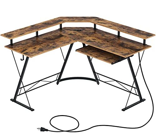 Rolanstar Computer Desk L-Shaped with Power Outlet and USB Port, 54" x 54" Corner Gaming Desk with Monitor Stand and Keyboard Tray, Home Office Desk with Hook, Rustic Brown