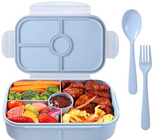 Bento Box for Kids Lunch Containers with 4 Compartments Kids Bento Lunch Box Microwave Safe (Flatware Included,Light Blue)