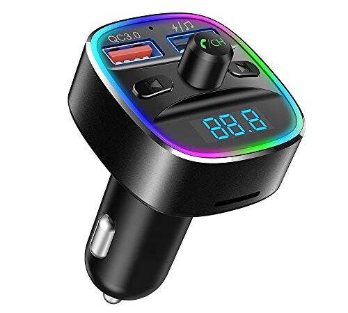 Bluetooth FM Transmitter for Car, Nulaxy Bluetooth Car Adapter Wireless FM Radio Car Kit, Upgrade QC3.0 & 5V/1A Dual USB Charger, Hands-Free Calling, Support USB Drive TF Card, 7 Colors Led Backlit Light - NX10