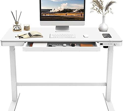 FLEXISPOT All-in-One Electric Standing Desk with Drawer Height Adjustable 48 x 24 Inches White Desktop & Frame Quick Install Comhar Home Office Table w/USB Charge Ports, Storage Desk Organizer