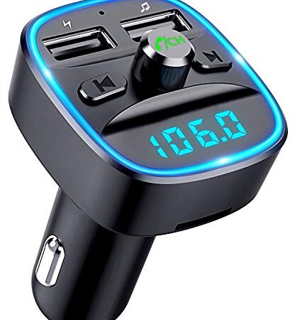 FM Transmitter for Car Bluetooth 5.0, TEUMI Blue Ambient Light Bluetooth Car Adapter, Wireless FM Radio Car Kit, Hands Free Calling, Dual USB Ports 5V 2.4A & 1A, Support SD Card USB Flash Drive