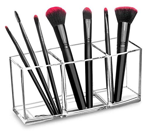 HBlife Clear Acrylic Makeup Brush Holders, 3-Compartment Vanity Organizer Stand and Desk Storage for Lipstick Eyeshadow Pen, Skincare Cosmetic Display Cases for Bathroom