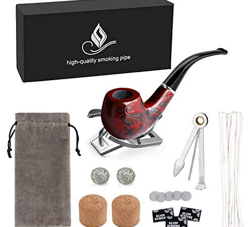 Joyoldelf Wooden Tobacco Smoking Pipe with 3-in-1 Pipe Scraper + 2 Cork Knockers + 10 Pipe Cleaners + 2 Metal Screen Percolator Leach Nets + 3 Packs of 5 Pipe Screens + Pipe Holder