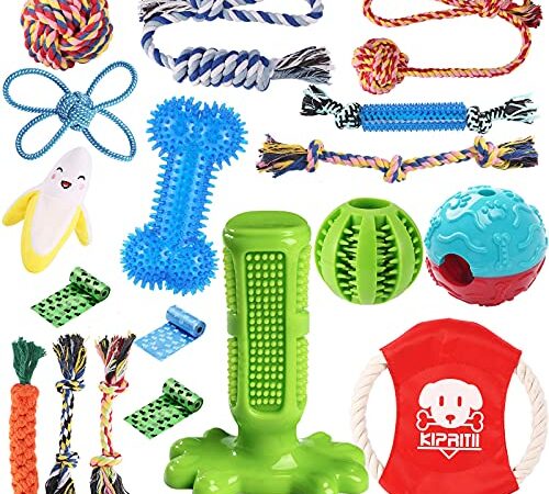 KIPRITII Dog Chew Toys for Puppy - 18 Pack Puppies Teething Chew Toys for Boredom, Pet Dog Toothbrush Chew Toys with Rope Toys, Dog Treat Ball and More Squeaky Toy for Puppy and Small Dogs