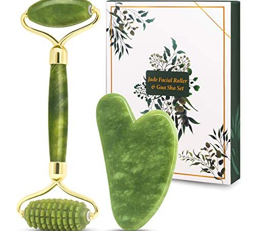 PLAYMONT Jade Roller, Face Roller Gua Sha Scraping Massage Tool, Natural Jade Facial Roller,Anti Aging Roller Facial Massager with Gua Sha Scraping Massage Tool Set for Neck Skin,Puffiness Facial,Cheeks Slimmer,Skin Tightening