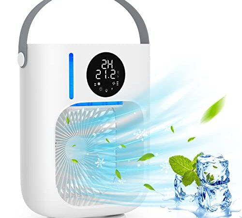 Portable Air Conditioner Fan, Personal Air Cooler Mini Air Conditioner with 3 Wind Speeds, Multi-Color LED Light, 12H Timer, 1000mL Water Tank Large LED Display Desktop Table Cooling Fan for Home Bedroom Office Camping