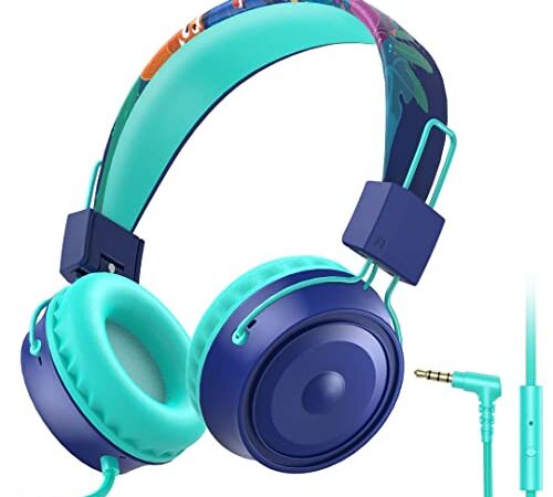 ShinePick Kids Headphones with Microphone, Portable Premium Safe Volume 85 dB Stereo Sound On-Ear Headsets with a 3.5mm Jack Cord for Kindle, Mobile Phone, School（Blue）