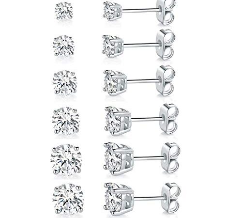 18K White Gold Plated 4 Pong Round Clear Cubic Zirconia Stud Earring Pack of 6 Pairs (6 Pairs), Cubic Zirconia, Brass, Cubic Zirconia