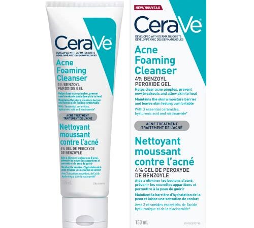 CeraVe 4% Benzoyl Peroxide ACNE Treatment Foaming Cleanser Face & Body Wash, with Hyaluronic Acid and Niacinamide. Helps Clear Acne Pimples and prevent breakouts. Gentle Gel, Fragrance-Free, 150ML