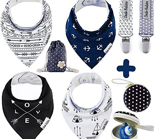 Dodo Babies Baby Bandana Drool Bib Set - 4pc Infant Bibs with 2 Pacifier Clips, Binky Case, Gift-Ready Bag - Soft Absorbent Cotton with Polyester Back - Adjustable Buttons to Fit 3-24 -Month Old Boys