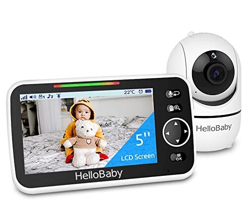 Hello Baby Monitor, 5''Display, Pan-Tilt-Zoom Video Baby Monitor with Camera and Audio, Night Vision, 2-Way Talk, Temperature, 8 Lullabies and 1000ft Range Baby Camera Monitor