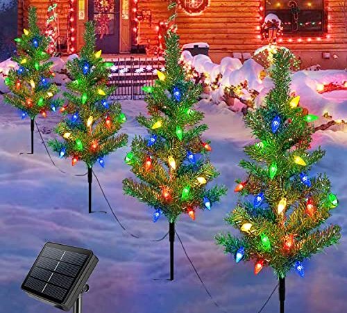 Homeleo 4 Set Solar Christmas Tree w/ 80pcs Multicolor C6 LED Christmas Lights for Outdoor Christmas Decorations,Solar Powered Prelit Small Christmas Tree for Holiday Outside Pathway Garden Yard Decor