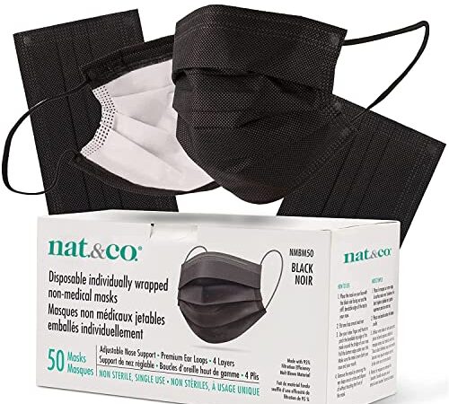 nat.&co. Individually Wrapped 4 Ply Disposable Black Face Mask with Comfortable Earloops & Adjustable Metal Nose Strip, 50 Pack Breathable and Comfortable Face Mask