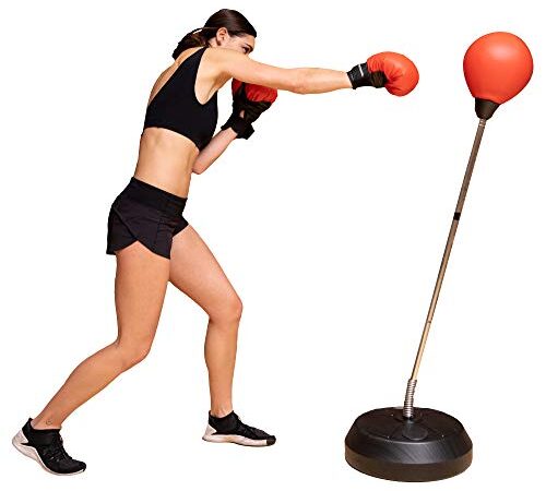 Protocol Punching Bag with Stand - for Adults & Kids - Punching Bag with Stand Plus Boxing Gloves - Adjustable Height Stand - Standard Punching Bag, Red