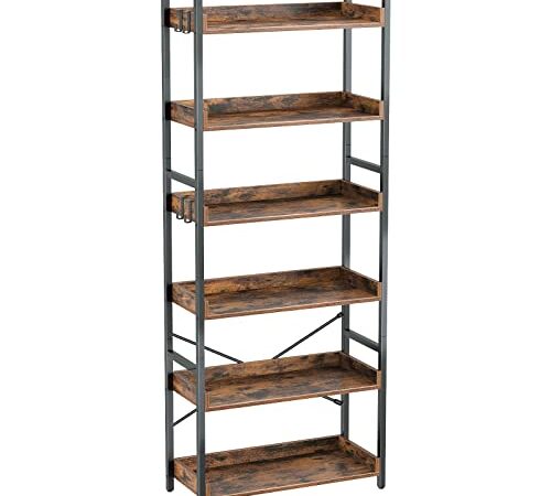 Rolanstar Bookshelf, 6 Tier Bookcase, Industrial Storage Rack with Metal Frame, Free Standing Utility Organizer Shelf Unit for Open Storage,Display and Book Organization in Living Room,Rustic Brown