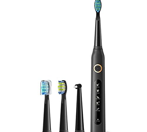 Sonic Electric Toothbrushes for Adults with 4 Brushheads , 5 Modes Rechargeable Power Toothbrushes , 4 Hours Fast Charge Lasts 30 Days , Waterproof IPX7 Used for Home & Travel , Black