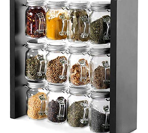 Updated Version(Design Bottle Appearance with Handle)-Spice Rack Stand Holder Wood Herb and Spice Rack Stand with 12 Clear Glass Jar Bottles for Kitchen Counter (Spices Not Included)