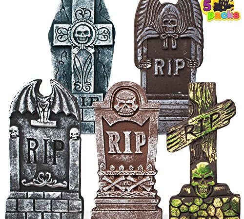 17” Halloween Foam RIP Graveyard Tombstones (5 Pack), Headstone Decorations and 12 Bonus Metal Stakes for Halloween Yard Outdoor Indoor Decorations