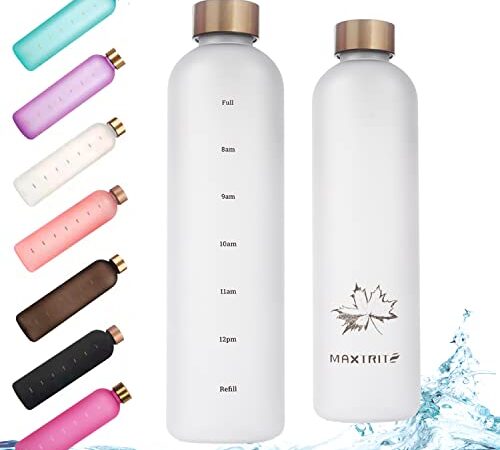 32oz Daily Water Bottle with Time Marker, Reusable Tritan Plastic BPA Free Leakproof Durable Water Jug, 1 Liter (1000ml) Frosted Fashion Drinking Bottle for Working, Office, Home, School, Travel, Gym and Outdoor Sports (32oz/1000ml, White/with Maple Leaf)