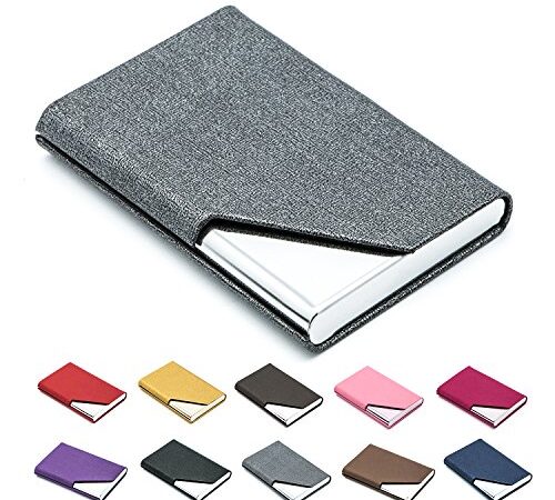 Business Name Card Holder Luxury Leather & Stainless Steel Multi Card Case,Business Name Card Holder Wallet Credit Card ID Case/Holder for Men & Women - Keep Your Business Cards Clean (Gray)